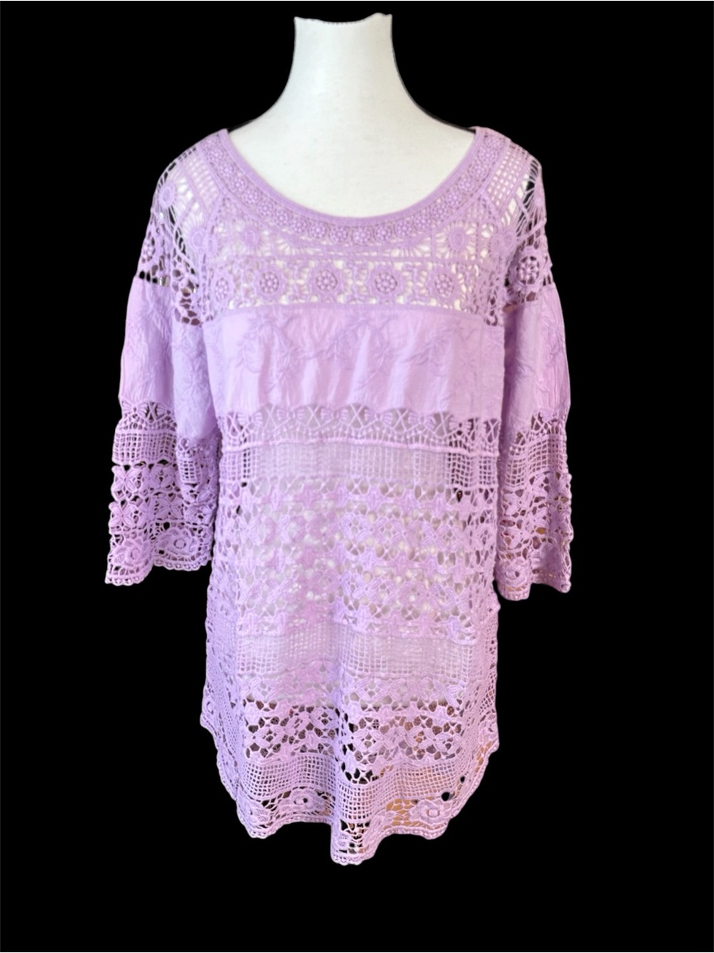 Miss Kelly 1999 Lace Crochet Tunic Top in Lavender - Women's Boho Blouse
